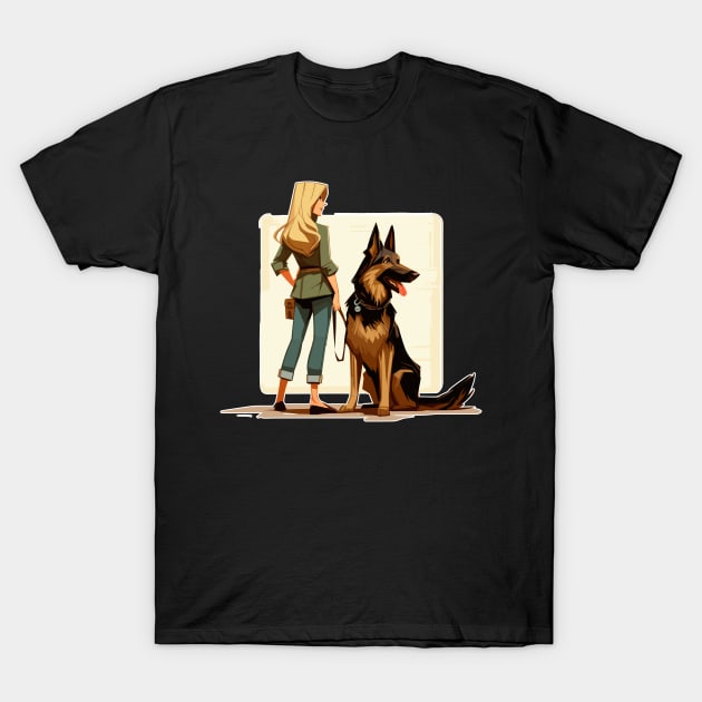 Cartoon woman with German Shepherd T-Shirt by TomFrontierArt